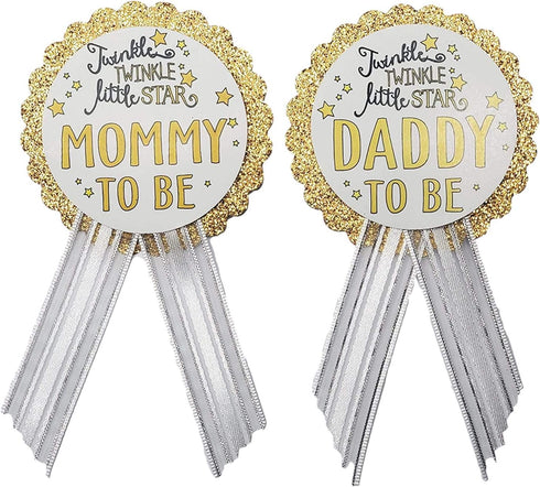 Twinkle Little Star Baby Shower Pin Set - Gold Glitter & White Satin Ribbons for Mommy and Daddy-to-Be...