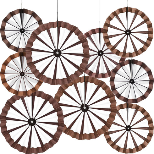 Outus 9 Pcs Wagon Wheel Decorations Paper Fans Wooden Wagon Wheels Wall Decor Western Hanging Paper Fans for Wild West Western Cowboy Themed Class...