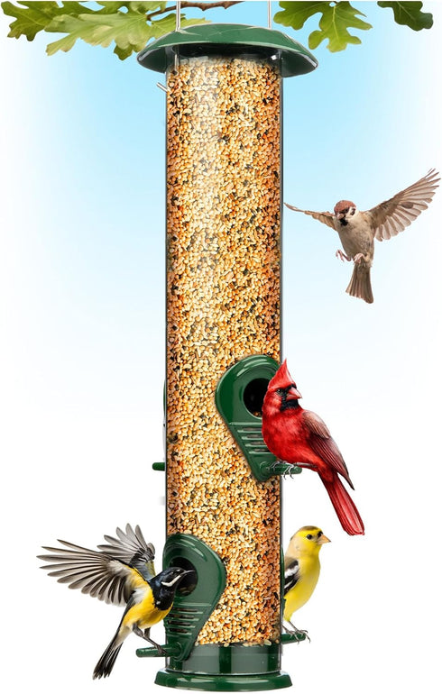Gray Bunny Metal Bird Feeder, 4-Port Wild Bird Feeders for Outdoors Hanging, Heavy Duty Chew-Proof and Rust-Proof Tube Bird Feeder, 15 Inches...