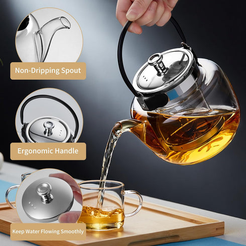 Unbreakable Glass Teapot with Infuser and Lid 1200ml/42.2oz,Heat Resistant Borosilicate Glass Tea Kettle for Blooming Loose Leaf Tea,Mike,Coffee,S...