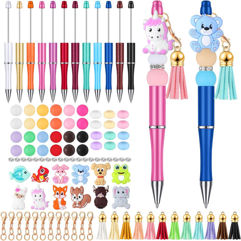 Colarr 12 Sets Christmas Beadable Pens Bulk Halloween Bead Pens with Colorful Beads Tassels Clasps and Beaded Pens DIY Pens Making Kit for Women K...