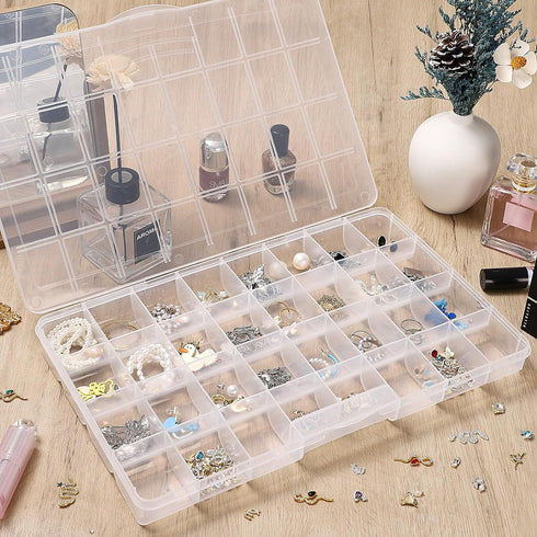 32 Grids Large Plastic Organizer Box with Dividers, Bead Storage Compartment Organizer Box for Jewelry Nail Accessories/Screw/Small Parts, Clear C...