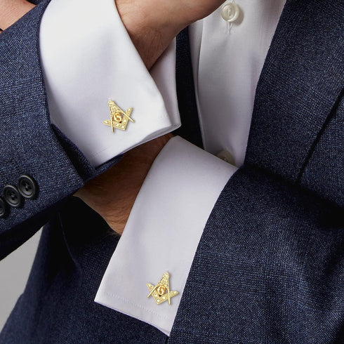 AMITER Masonic Tie Clip and Cufflinks Set, 18K Gold Mens Necktie Bar Cuff Links Personalized Gift for Freemason Husband Father Boyfriend...