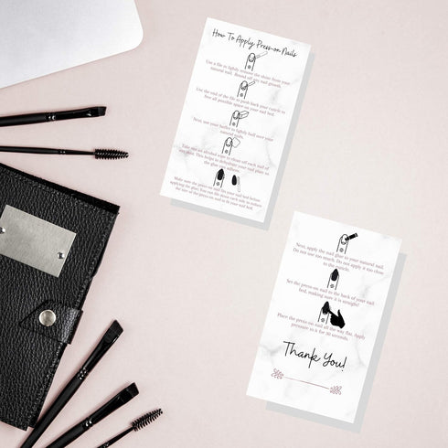 Press-On Nail Application Instructions Cards | 50 Pack | 2x3.5" inch Business Card Size | DIY Press-On Nail Kit | Marble with Rosey Gold Design...