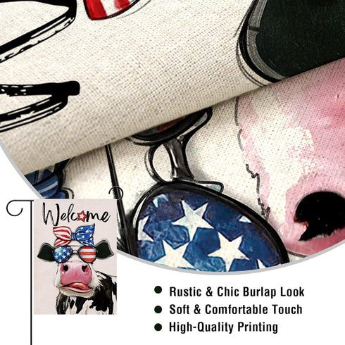 Welcome 4th of July Patriotic Cow Small Decorative Garden Flag, Stars Stripes America USA Memorial Day Farmhouse Yard Outside Decor, American Summ...