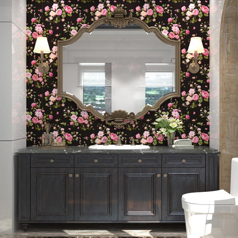 Black Floral Wallpaper Peel and Stick Wallpaper Vinyl Wallpaper Stick and Peel Pink Floral Contact Paper for Cabinets Waterproof Self Adhesive Wal...