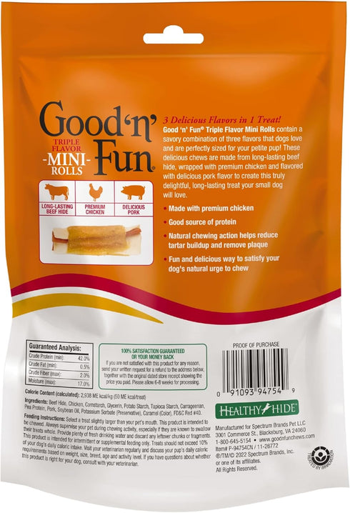 Good 'n' Fun Triple Flavor Mini Rolls, 8 Ounce, Treat Your Small Dog to a Long-Lasting Rawhide Chews...