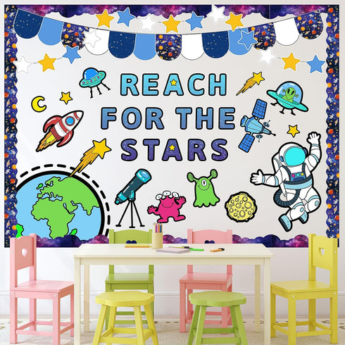 82Pcs Outer Space Bulletin Board Decoration Kit Astronauts Aliens Rockets Reach for The Stars Cutouts with Glue Points Space Theme Bulletin Board ...