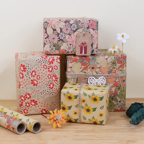 Aimyoo Kraft Floral Wrapping Paper Jumbo Roll, All Occasion Flower Gift Wrap Paper for Wedding Bridal Shower Birthday, 17 in x 60 ft...