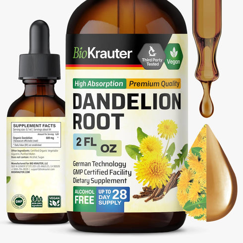 BIO KRAUTER Dandelion Root Extract - Alcohol & Sugar Free Dandelion Tinture - Vegan Supplement for Cleansing & Immunity - 2 Fl. Oz - 28 Days of Su...