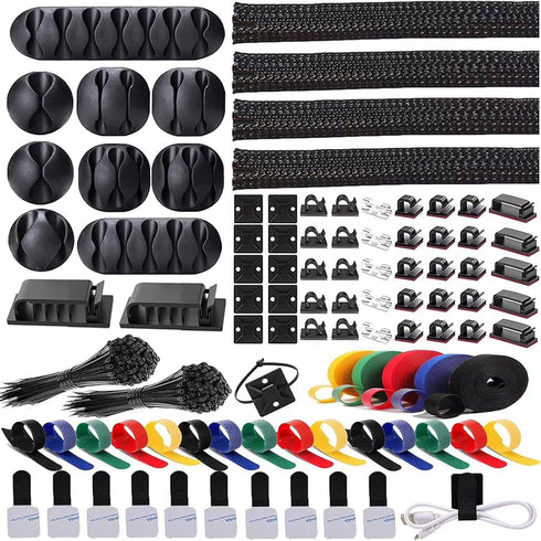 ELII 300PCS Cable Management Kit,4 Cable Sleeve 35 Cable Clips with 11Cord Holders,15+5Roll Cable Organizer Straps and 200 Fastening Cable Ties,20...