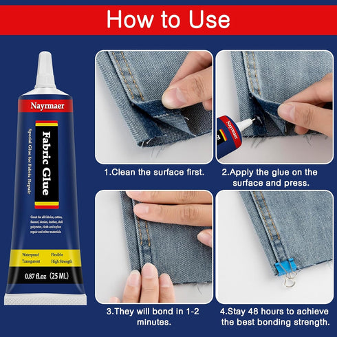 Fabric Glue, Permanent Clear Washable Clothing Glue for All Fabrics, Cotton, Flannel, Denim, Leather, Polyester, Doll Repair, 24 Hours Dry and Wat...