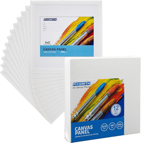 FIXSMITH Canvas Boards for Painting 8x8 Inch, Super Value 12 Pack White Blank Canvas Panels, 100% Cotton Primed, Painting Art Supplies for Profess...