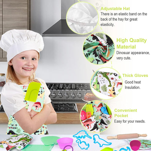 TEUVO Kids Baking Chef Set 35 Pcs with Dinosaur Apron and Mitt, Cooking Chef Dress Up Role Play Kitchen Toys Set for Kids Aged 3 4 5 6 7 8...