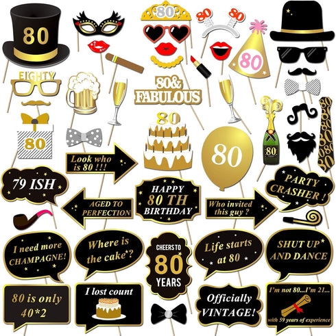 Konsait 80th Birthday Photo Booth Props(48Count), Funny 80 Party Photo Props Kit Black Gold Decor with Stick for Man Woman 80th Birthday Decoratio...