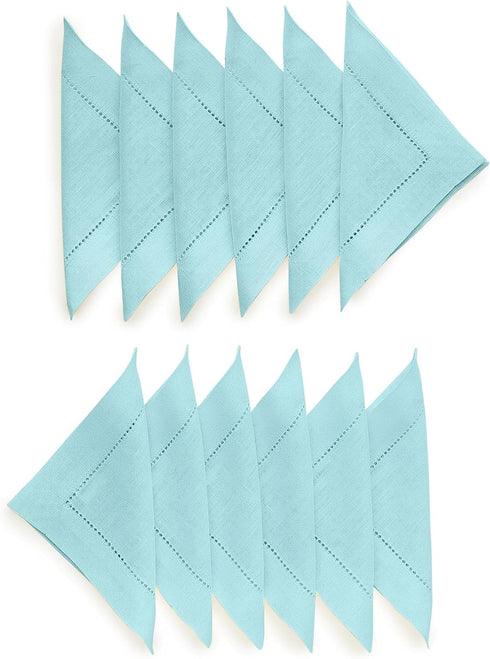 Solino Home Linen Cocktail Napkins 6 x 6 Inch – 100% Pure Linen Fabric Aqua Blue Cloth Napkins Set of 12 – Classic Hemstitch Beverage Cocktail Nap...