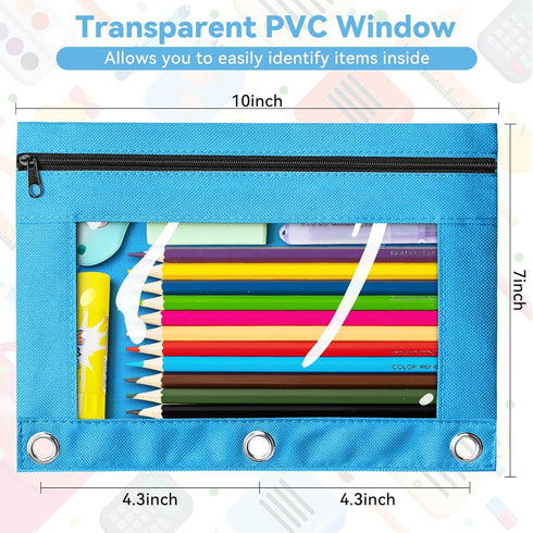 V-Opitos Pencil Pouch for 3 Ring Binder, 2 Pack Sky Blue 3-Holes Zipper Pencil Pouches, Sturdy and Durable Cloth Pencil Case with Clear Window for...