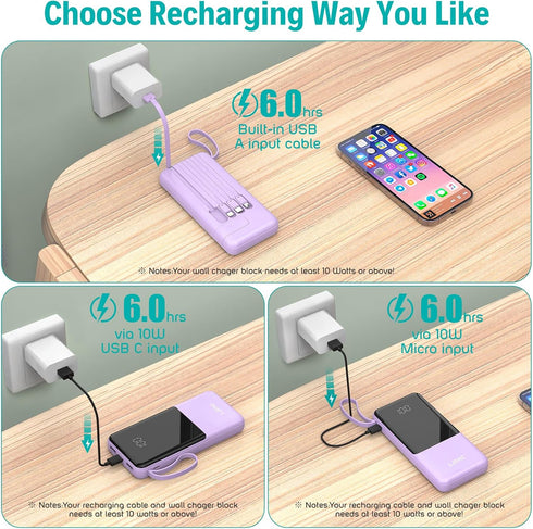 Portable Charger with Built in Cables,10000mAh Slim USB C Power Bank,5 Output 3 Input LED Display High Speed External Battery Pack Travel Phone Ch...
