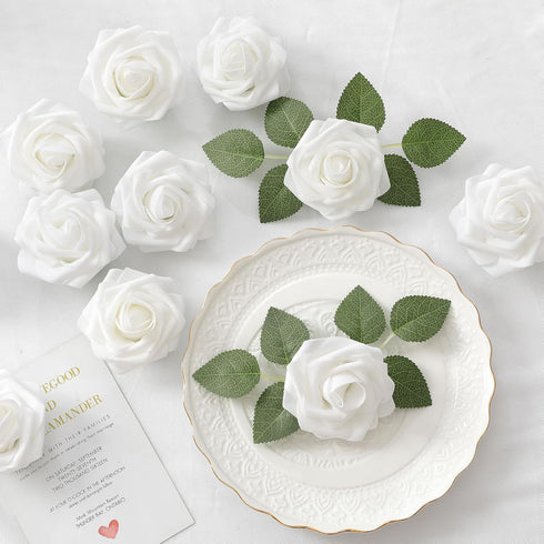 DerBlue 60pcs Artificial Roses Flowers with stem and 10pcs Green Leaves Real Looking Fake Roses Artificial Foam Roses Decoration DIY for Wedding,A...