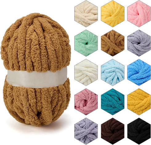 Chenille Chunky Yarn Super Bulky Soft Thick Fluffy Jumbo Giant Washable Polyester Big Yarn DIY for Arm Knit Blanket Cushion Bed Sofa Home Decor,Kh...