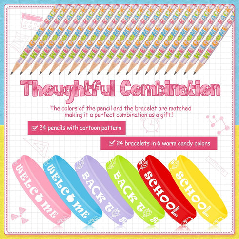Sabary 48 Pcs Welcome Back to School Pencils Rubber Bracelets Back to School Supplies Set School Party Favors First Day of School Gifts for Kids K...