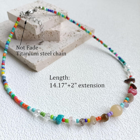 Beaded Necklace for Women, Colorful Gemstone Choker Necklaces Boho Cute Necklace Handmade Crystal Summer Beach Jewelry for Teen Girls...
