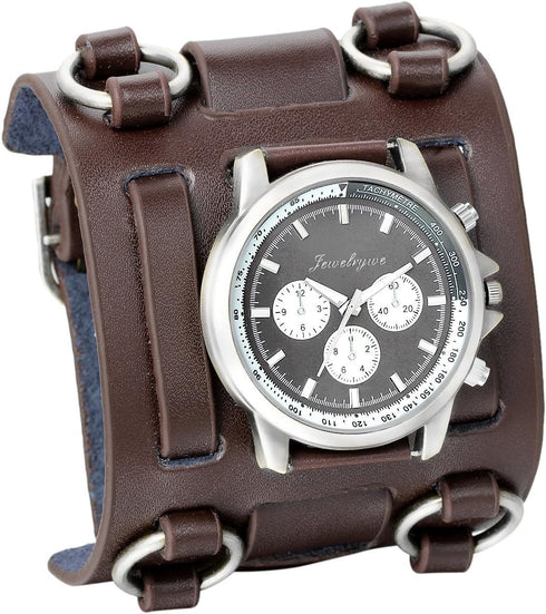 JewelryWe Black Brown Hip-hop Gothic Punk Style Men Watch Wide Leather Fashion Cuff Wristwatch...