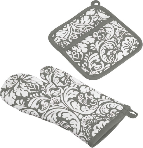 DII Quilted Kitchen Oven Mitt & Potholder Set, Hanging Loop for Convenient Storage, OM 6.5x12/PH 8x8.5, Gray Damask Print, 2 Piece...