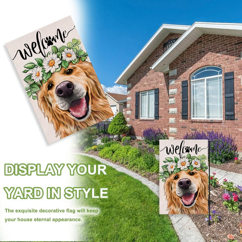 Welcome Spring Dog Golden Retriever Decorative Garden Flag, Puppy Yard Outside Decorations, Summer Farmhouse Outdoor Small Home Decor Double Sided...