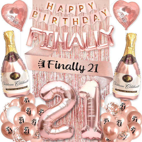 21st Birthday Party Decorations for Her Rose Gold Supplies Big Set with Birthday Banner and 21 BDay Digit Balloons for Women Including Latex and C...