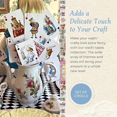 Alice in Wonderland Tea Party Washi Tape Set, Reusable Sticker Tape Roll, Versatile Crafting Supplies, Extra Long Tape, 10 Meters (394 Inches) Lon...