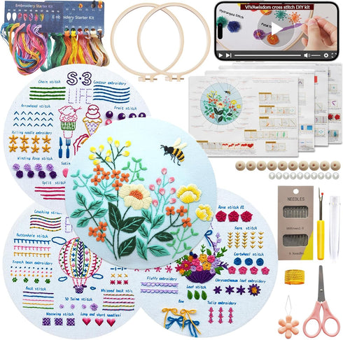 VIVAwisdom 4 Sets Beginner Cross Stitch Kits; Hand Embroidery kit for Adults with Beautiful Embroidery Patterns and Comprehensive Needlework Suppl...