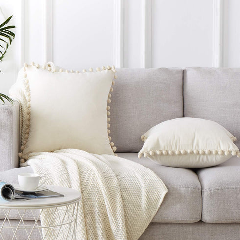 Top Finel Decorative Throw Pillow Covers 18x18 Set of 2, Cream White Couch Square Pillow Covers for Sofa Bed, Soft Velvet Cushion Covers with Pom ...