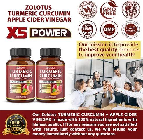2packs 90 Capsules Turmeric Curcumin + Apple Cinder Vinegar Capsules, Equivalent to 5010mg, 6 Month Supply with Ashwagandha, Ginger, 95% Standardi...
