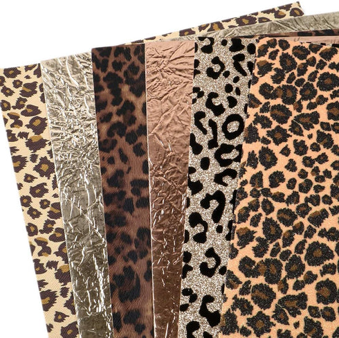 Leopard Printed Faux Leather Sheet Metallic Burst Crack Synthetic Leather Fabric Assorted 6 PCS 7.7" x 12.9" (20 cm x 33 cm) for Hair Accessories ...