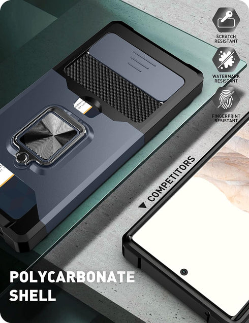 Compatible for Google Pixel 6 2021 Case with Camera Cover & Kickstand, Slide Lens Cover+Rotate Ring Stand+Card Holder, Impact-Resistant, Full Prot...