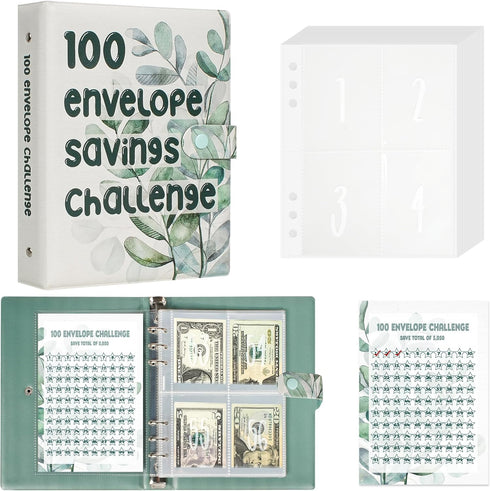 100 Envelope Savings Challenge Binder, Leather Budget Binder for Planning and Saving $5050, Daily Savings Planner, Easy and Fun Way to Save $5,050...