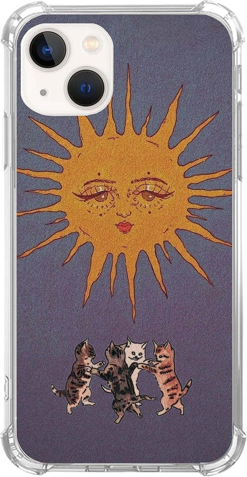 Hippie Sun Dancing Cats Phone Case for iPhone 15, Trippy Cats Dancer Under The Sun Cover for Women Men Girls Boys, Unique Trendy Design TPU Bumper...