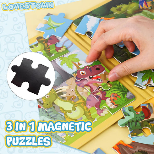 LovesTown Magnetic Travel Puzzles Book, Dinosaur Wooden Magnetic Puzzles for Toddlers Learning Magnetic Puzzles for Road Trip...