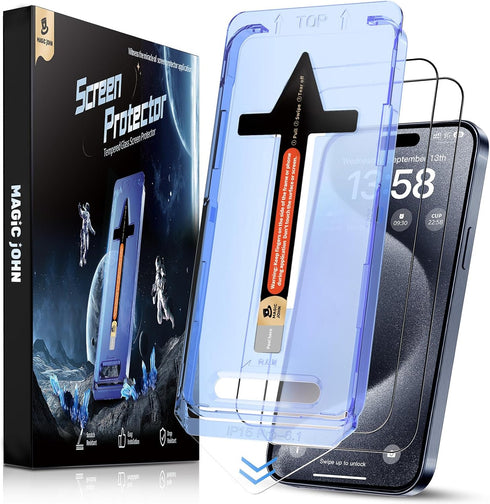 MAGIC JOHN 2 Pack for iPhone 15 Pro (6.1 inch) Tempered Glass Screen Protector, Auto Dust-Elimination Installation, Bubble Free, Dynamic Island Co...