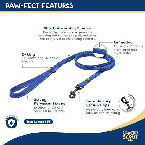 Good Scout Heavy Duty Bungee Leash, Walking & Training Leash for Puppies & Adult Dogs, Blue, Medium...