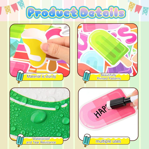 53 Pcs Summer Bulletin Board Decorations Set Ice Pop Classroom Decor Ice Lolly Paper Cutouts with Bulletin Board Borders for Summer Ice Cream Part...