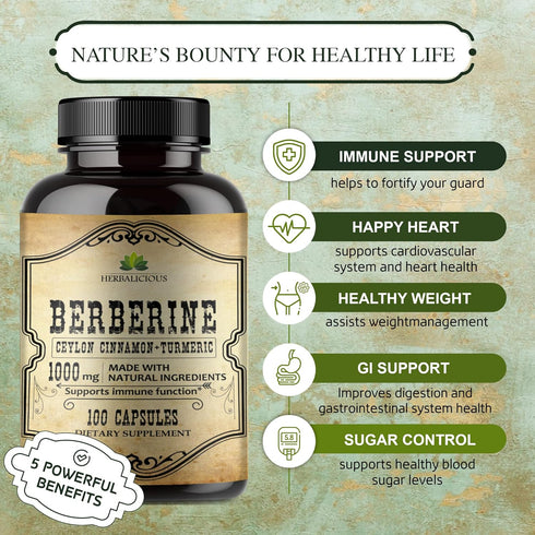 Berberine Capsules Ceylon Cinnamon & Turmeric - Berberine HCL Dietary Supplement for Men and Women – Non GMO Berberine 1000mg – Ideal for Immune S...