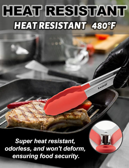 Anaeat Non-Stick Silicone Locking Tong Set of 3 - Stainless Steel 7", 9" and 12" Kitchen Food Tongs with Non-Slip Silicone Tips and Grip for Cooki...