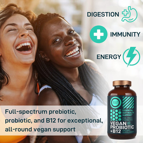 Vegan Probiotic Plus B12-22 Billion CFU Synbiotics Probiotics & Prebiotic for IBS, Digestive & Gut Health, Mood Support - B12 with FOS Pre Pro Pos...