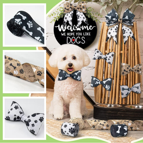 Dog Ribbon Paw Print Ribbon 5 Rolls Wired Edge Ribbon 2.5 Inch 25 Yards Burlap Wired Ribbons for Crafts Party Home Ornaments Wedding Gift DIY Deco...