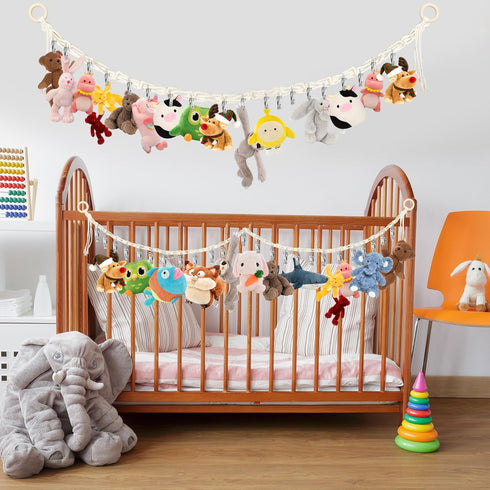 2pcs Stuffed Animal Storage Chain - Boho Stuffed Animal Hammock with 40pcs Metal Clips, Stuff Animal Organizer Hanging Storage for Kids Bedroom Wa...