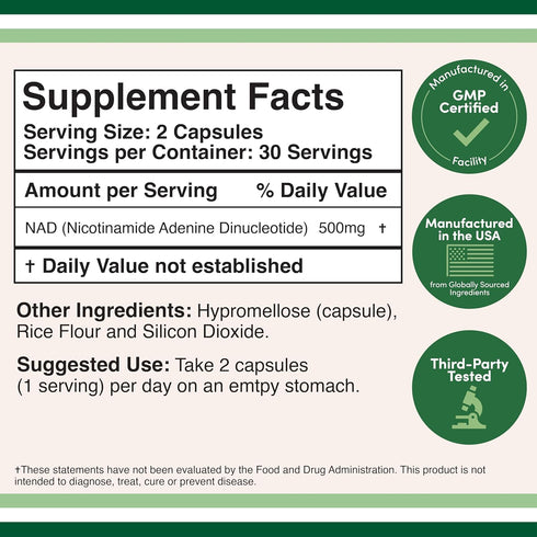 NAD Supplement (500mg of 95% Pure NAD+ Per Serving, 30 Day Supply) NAD Booster Similar to Nicotinamide Riboside (Third Party Tested, Vegan Safe, N...