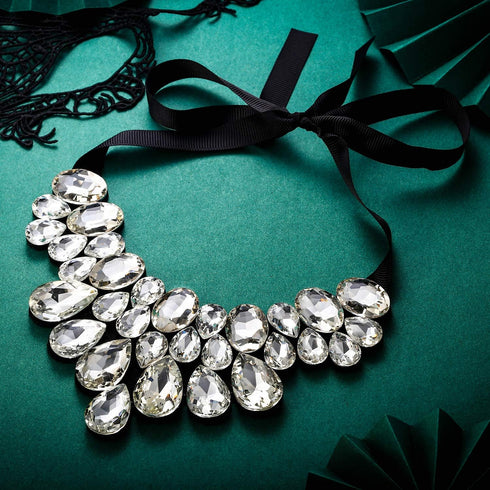 Flyonce Rhinestone Statement Necklace Chunky Choker Crystal Costume Jewelry for Women Clear Black-Tone...