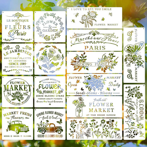 Flower Market Stencil, Large Spring Wildflower Stencils Farmhouse Stencils for Painting on Wood, Craft Template Wood Burning Stencil for Garden Ca...